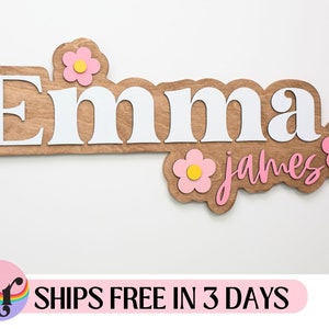 Letrero de madera personalizado con nombre / Letrero con nombre bohemio / Letrero con nombre de niña / Letrero sobre la cuna / Regalo para baby shower / Letrero de madera con margaritas / Letrero retro para guardería