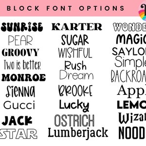 May include: A graphic featuring various block font options in black, with words like "Sunrise," "Groovy," and "Wonder." The fonts vary in style, with some having decorative elements. The background is white with a pink header.