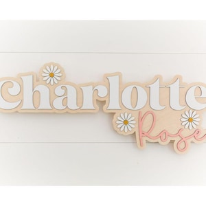 May include: A wooden sign with the name "Charlotte Rose" in white and pink lettering. The sign is decorated with white daisies.