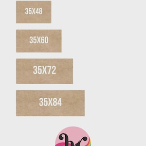 May include: An image displaying event banner sizing options. The text "EVENT BANNER SIZING" is in pink at the top. Below are four rectangular banners in varying sizes: 35x48, 35x60, 35x72, and 35x84 inches. A colorful logo is at the bottom.