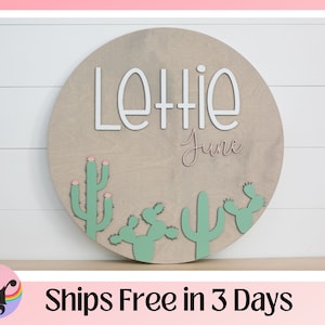 Cactus round wood nursery name sign 24&quot;, name sign for nursery boy, above crib sign  baby shower gift, nursery decor, boho nursery