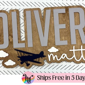 Large name sign for nursery | Airplane Nursery Sign | Nursery sign with middle name | Boys nursery sign| Layered Name Sign