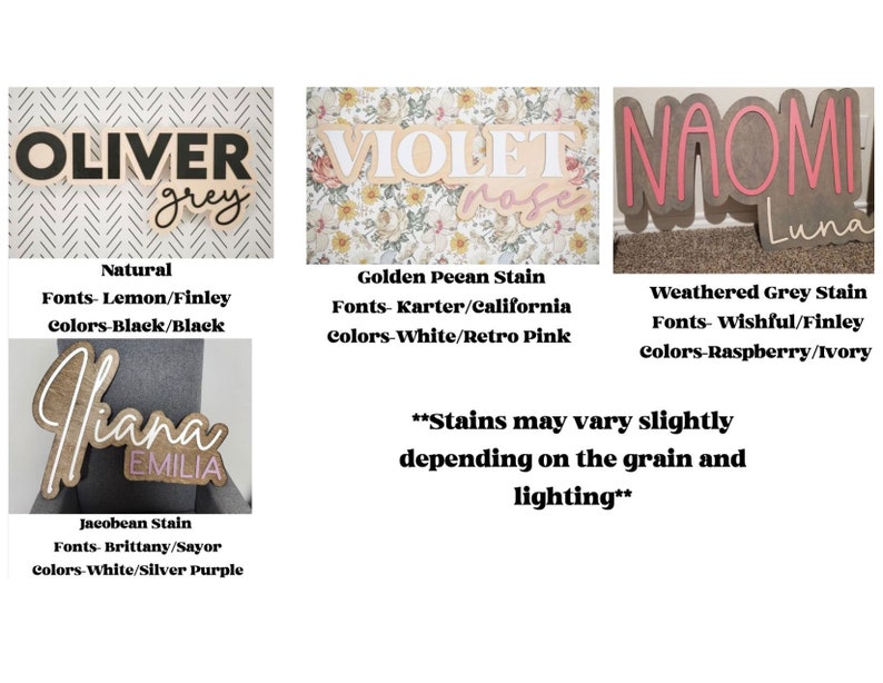 May include: Wooden name signs in various styles and colors. The signs include the names "OLIVER", "VIOLET", "NAOMI", and "ILIANA" with different font styles and color combinations. The text "EMILIA" and "LUNA" are also included.