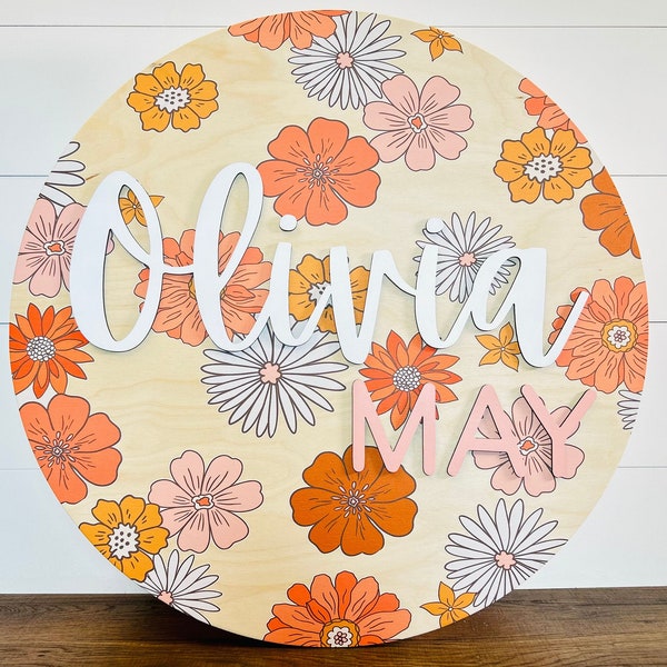 Flower wood nursery name sign, name sign for nursery, above crib sign ,baby shower gift, retro nursery, boho nursery, Groovy wood sign