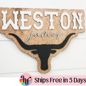 Nursery name sign | Western nursery decor | boy Name Sign | Above crib sign | Baby shower gift | Longhorn wood sign| Large wood name sign