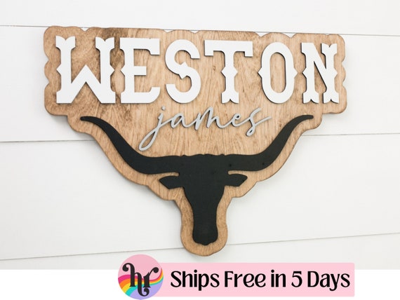 Nursery name sign | Western nursery decor | boy Name Sign | Above crib sign | Baby shower gift | Longhorn wood sign| Large wood name sign