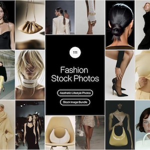 Può includere: Un collage di foto di moda con vari stili. Le immagini includono una borsa dorata, una donna in abito nero, una collana di perle e un completo color crema. Il testo "Fashion Stock Photos" è visibile.