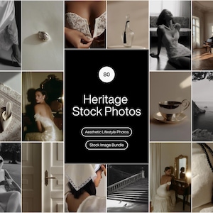 May include: A collage of aesthetic lifestyle stock photos in a vintage theme. The images include a ring, a woman in a dress, a bottle, a teacup, and a staircase. The text in the center reads "Heritage Stock Photos".