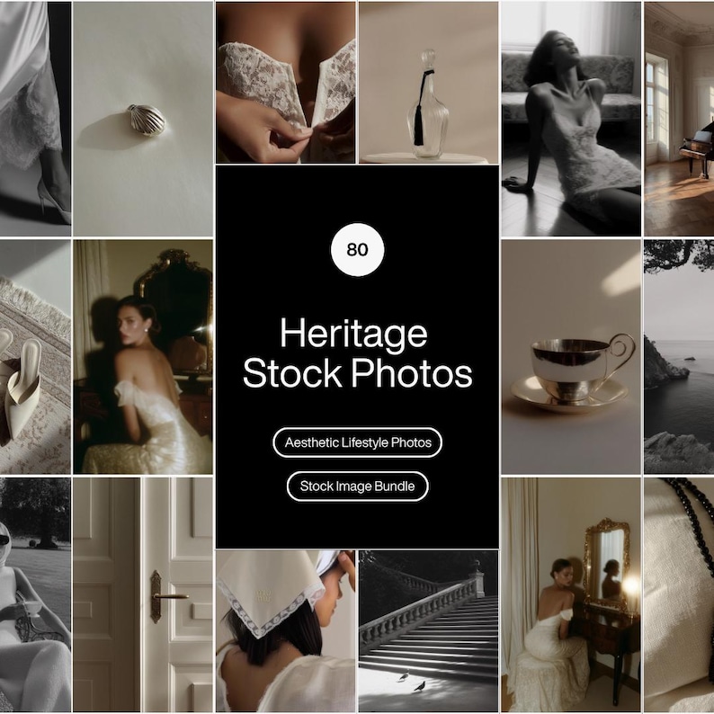 May include: A collage of aesthetic lifestyle stock photos in a vintage theme. The images include a ring, a woman in a dress, a bottle, a teacup, and a staircase. The text in the center reads "Heritage Stock Photos".