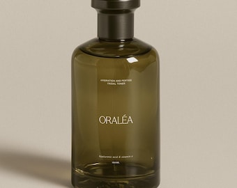 Maqueta de botella cosmética de vidrio ámbar / Contenido del empaque de marca de cuidado de la piel y fragancias