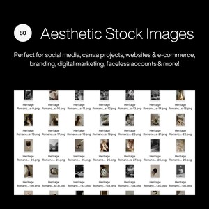 May include: Aesthetic Stock Images graphic with the number 80 in a white circle. The text reads "Aesthetic Stock Images" and lists uses for the images. Below are 36 small images with the word "Heritage" and a file name.