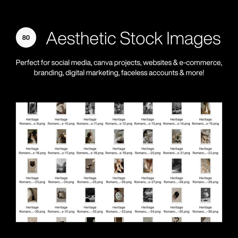 May include: Aesthetic Stock Images graphic with the number 80 in a white circle. The text reads "Aesthetic Stock Images" and lists uses for the images. Below are 36 small images with the word "Heritage" and a file name.