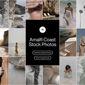 May include: A collection of aesthetic stock photos with a coastal theme. The images feature scenes of the Amalfi Coast, including beach landscapes, people, and seashells. The text on the image reads "Amalfi Coast Stock Photos".