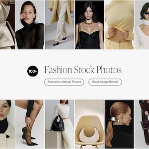 Può includere: Una collezione di foto stock di moda con vari outfit e accessori. L'immagine include una varietà di stili di abbigliamento, tra cui abiti, pantaloni e top. Il testo sull'immagine recita "Fashion Stock Photos" e "Aesthetic Lifestyle Photos".