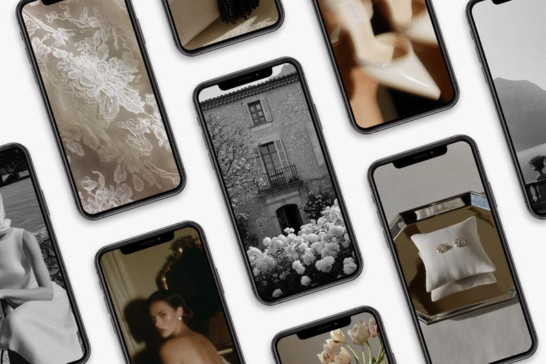 May include: A collection of smartphones displaying various images. The screens showcase a range of subjects, including a black and white building, a close-up of lace, a woman, and a pair of rings on a pillow. The overall aesthetic is elegant and sophisticated.