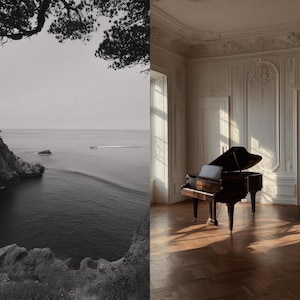 May include: Black and white photograph of a coastal landscape and a room with a grand piano. The left side shows a rocky cliff overlooking the ocean with a boat. The right side features a piano in a room with ornate wall paneling.