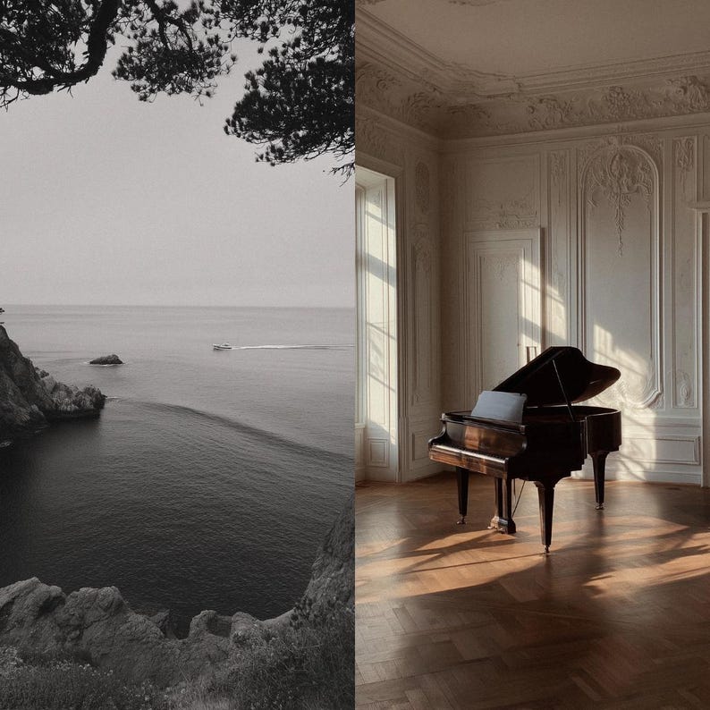 May include: Black and white photograph of a coastal landscape and a room with a grand piano. The left side shows a rocky cliff overlooking the ocean with a boat. The right side features a piano in a room with ornate wall paneling.