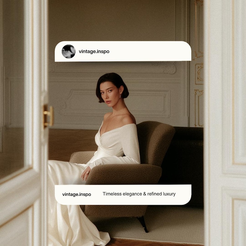 May include: A woman in an off-white, off-the-shoulder dress sits in a brown armchair. The dress has long sleeves and a flowing skirt. The text "vintage.inspo" and "Timeless elegance & refined luxury" are displayed in a white box.