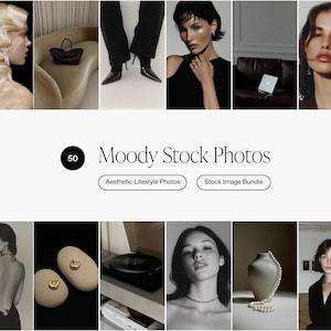 May include: A collection of 50 Moody Stock Photos, featuring aesthetic lifestyle images. The images showcase various subjects, including fashion, accessories, and portraits, with a focus on a moody, elegant aesthetic. The text on the image says "Aesthetic Lifestyle Photos" and "Stock Image Bundle".