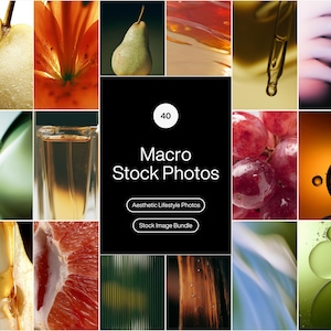 Op de afbeelding: Een collage van macro stockfoto's met verschillende esthetische lifestyle-afbeeldingen. De afbeeldingen bevatten close-ups van een peer, bloem, druiven en vloeistofdruppels. De tekst "Macro Stock Photos" wordt weergegeven op een zwarte achtergrond.