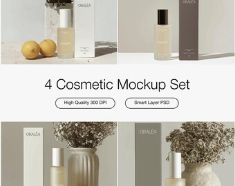 Paquete de maquetas de cosméticos, empaque PSD para marcas de belleza, cuidado de la piel y bienestar / Botella y caja de vidrio
