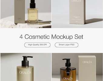 Neutral Cosmetic Mockup Bundle, PSD Packaging for Skincare & Beauty (Set of 4)
