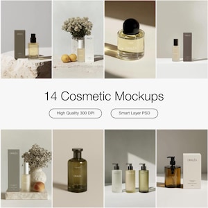 May include: A collection of cosmetic mockups featuring various bottles and packaging. The image includes bottles with spray tops, pump dispensers, and a perfume bottle with a black cap. The text "14 Cosmetic Mockups" is displayed.