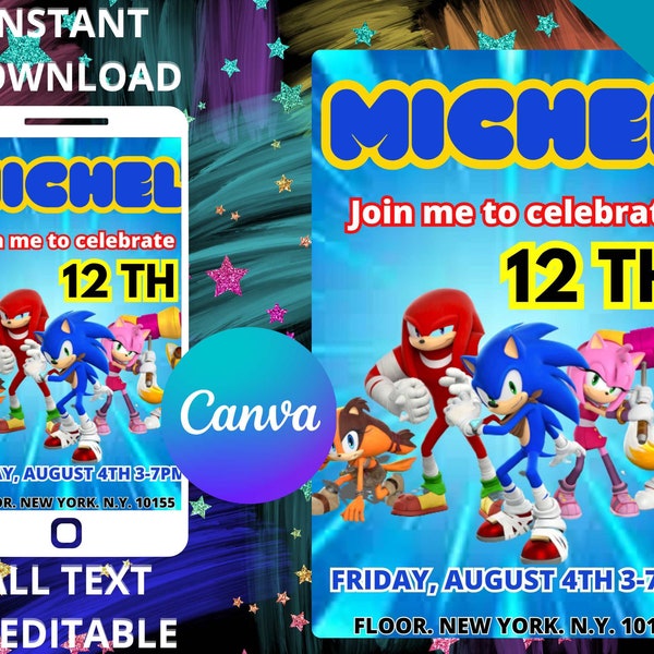 Sonic Invitation, Sonic Digital File, Sonic Party Invite, Sonic Birthday Card, Sonic Printable, Kids Birthday Invite, Editable Invites