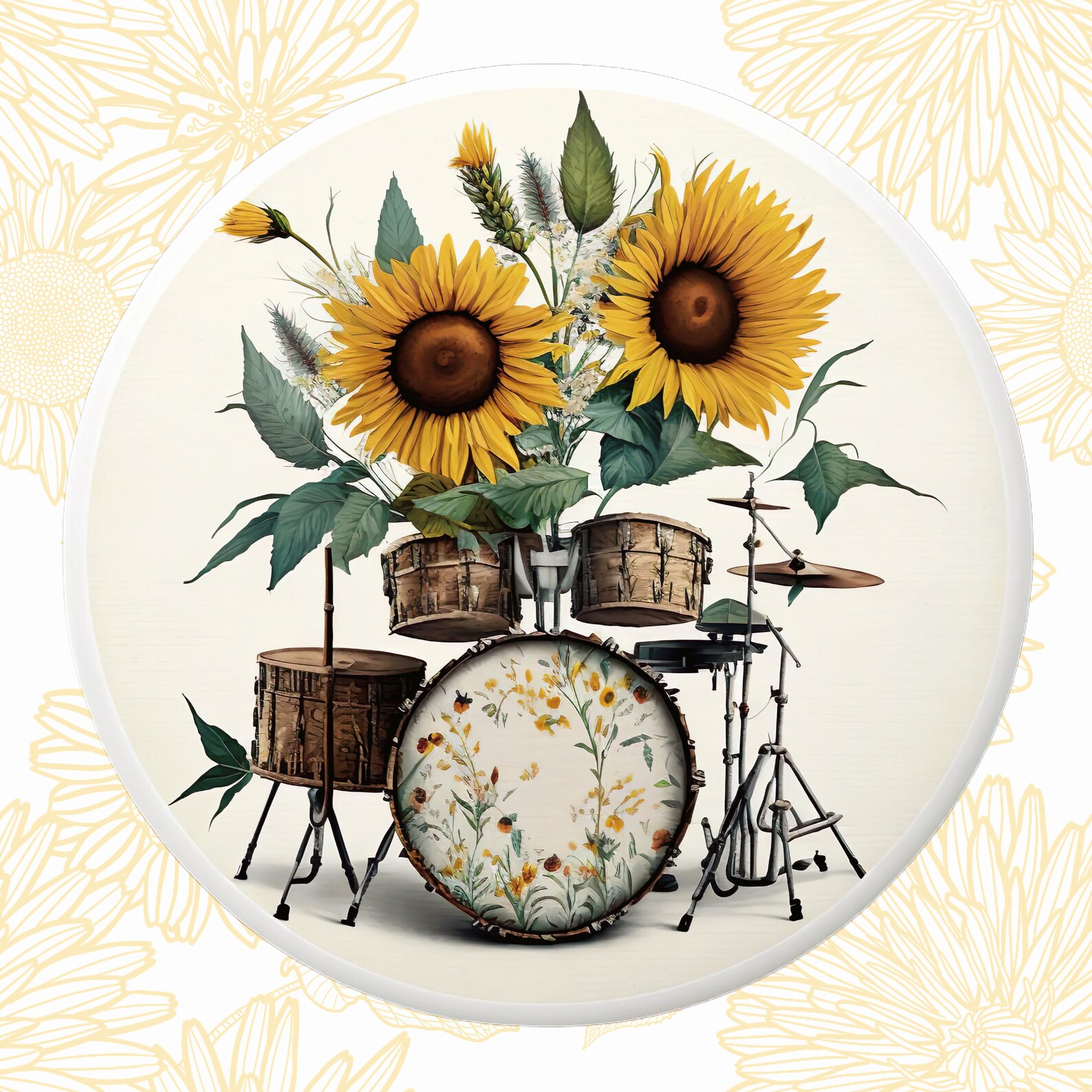 Drums Floral Clipart PNG, Colorful Drumset Art, Music Instrument Art