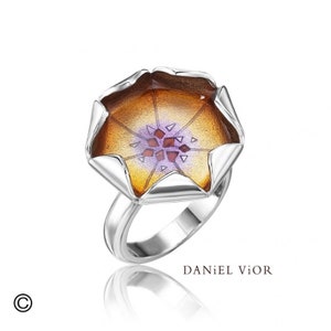 May include: A silver ring with a flower-shaped design. The flower has a metallic silver border and a center with shades of yellow, orange, and purple. The ring is set against a white background. The brand name "DANIEL VIOR" is visible.