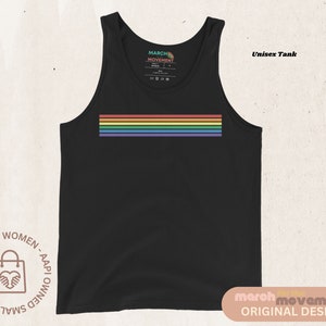 May include: Black tank top with a rainbow stripe design. The tank top has the text "March Movement" on the tag.