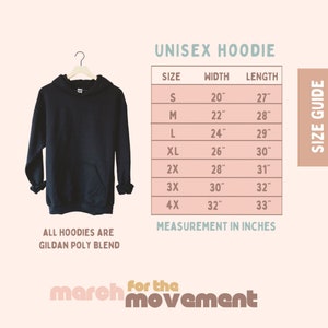 a black hoodie size guide with measurements for the hoodie