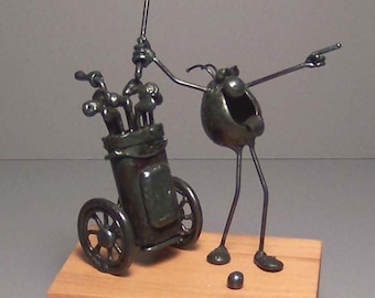 Golfer, with cart | Welded Steel Golf Figurine | Handmade Metal Golfer Sculpture | Unique Gift for Golf Enthusiast