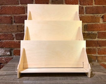 3-Tiered Card And Literature Display Rack With 12" Wide Birch Plywood Shelves And A Clear Acrylic Front Panel Perfect For Counter Tops