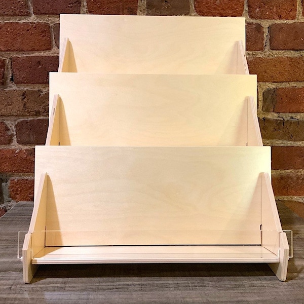 3-Tiered Card And Literature Display Rack With 12" Wide Birch Plywood Shelves And A Clear Acrylic Front Panel Perfect For Counter Tops