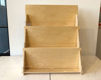 3 Level Greeting Card Display Rack With 15-1/4" Wide Shelves. Made With Birch Plywood And Clear Acrylic.