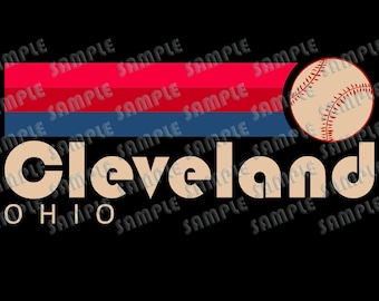 Puede incluir: Un gráfico de estilo vintage con la palabra "Cleveland" en texto beige, con las palabras "Ohio" debajo. El gráfico presenta un diseño a rayas rojo, blanco y azul con una pelota de béisbol en la esquina superior derecha.