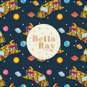 May include: A repeating pattern featuring yellow school buses with rocket ship modifications, planets, suns, books, and globes on a dark blue background. The design includes the text "Bella Ray & co. GRAPHICS" in a circular logo.