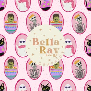 May include: A repeating pattern on a pink background features Halloween-themed illustrations. The design includes images of a skeleton wearing a crown, Frankenstein's monster, a ghost with sunglasses, and a black cat. The text "Bella Ray & Co. Graphics" is in the centre.