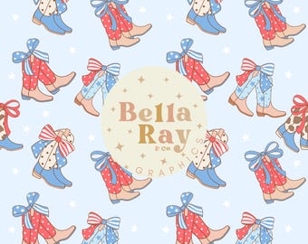 Patriotic Red White Blue Cowgirl Boots Seamless Pattern