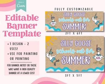 Silly Goose skolor slut för sommaren banderoll | Redigerbar banner för skolårets slut | DIY-banderoll | 2x6 eller 3x5 | Skylt för sista skoldagen