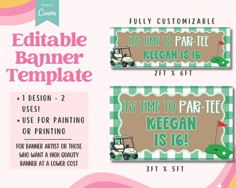 Mall för golffödelsedagsbanner | Redigerbar Canva-banner | Dags att PAR-TEE | 2x6 och 3x5-bannerdesign | Gör-det-själv utskrivbar banner