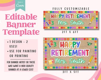 Mall för lärarpensionering, redigerbar i Canva | Glad pensionering-banner | Dekoration för pensioneringsfest | Utskrivbar eller övermålningsbar banner