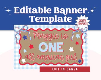 All American Girl-bannermodell, patriotisk målad design, redigerbar Canva-mall (digital nedladdning)