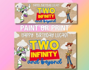 Mall för födelsedagsbanderoll med Toy Story "Two Infinity and Beyond" | Måla eller skriv ut banderoll | Redigerbar Canvas-mall | Buzz & Woody festdekor