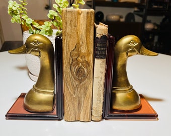 Vintage Brass Duck Bookends with Smoked Lucite Base Brass is Uncleaned
