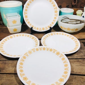 Corelle Butterfly Gold Set of 4 Livingware by Corning Dinner Plate 10.25 inches Pyrex Compatibles