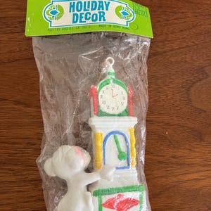 Vintage Mouse and Clock Christmas Ornament New in Package Made In Hong Kong Holiday Decor