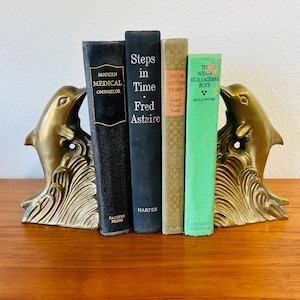 Vintage Brass Dolphin Bookends with Aged Patina Uncleaned
