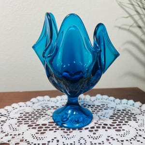 Vintage Viking 7&quot;  Glass Mid-Century Bluenique Handkerchief Pedestal Vase, Swung Glass, Art Glass, 6 Petal Compote